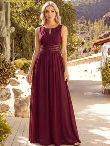 EVERPRETTY Romantic Chiffon Backless Ruffle Hem Vintage Burgundy Bridesmaid Dresses For Weddings, Spring Summer Wedding Guests Semi-Formal Occasions