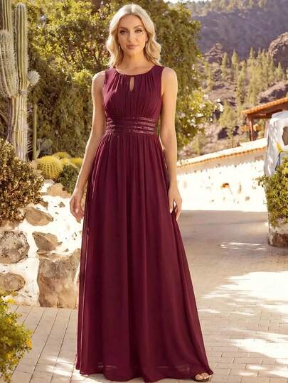 EVERPRETTY Romantic Chiffon Backless Ruffle Hem Vintage Burgundy Bridesmaid Dresses For Weddings, Spring Summer Wedding Guests Semi-Formal Occasions