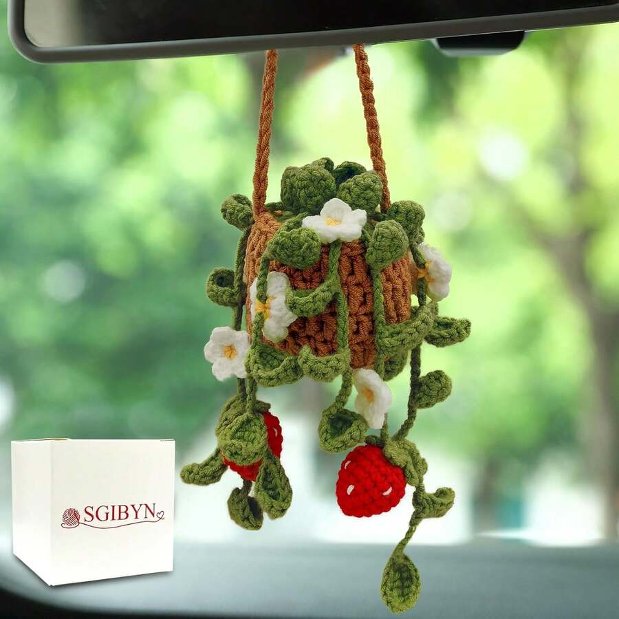 Crochet Hanging Plant For Car,Car Decorations Interior,Plant Aesthetic Car Accessories For Women Interior Cute,Car Ornaments Charms For Rear View Mirror,Boho Car Decoration Gifts - 薄荷綠葉草莓 - 查看 1