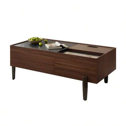 Modern Coffee Table With Drawers And Glass Top – Dark Brown Wood Design With A Marble-Effect Wood Grain, Metal Legs, And Plenty Of Storage Space For The Living Room