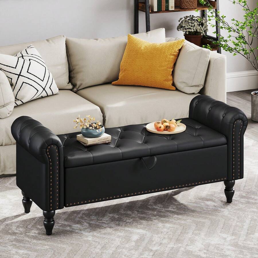 Fumahaus 52" Ottoman Bench With Storage Modern Tufted Storage Bench With Rolled Arms And Nailed Trims Large Bed Bench Flared Footrest Stool For Corridor Bedroom Living Room Hallway Room Decor Christmas Holiday Gift - PU - Màu đen - Xem 1