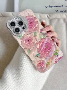 Minimalist Fashion Blue Light Oil Painting Flower Lens Stand Phone Case Compatible With IPhone 16 15 14 13 12 11 - Pink - View 1
