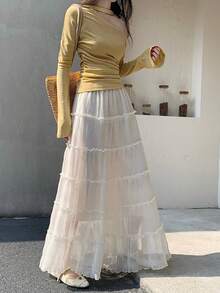 2026 Spring Women's High Waist Pleated Cake Skirt, A-Line Flared Skirt With Textured Frill Trim, Slimming And Flattering Summer - Apricot - View 7