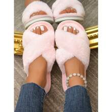Women's Cross-Band Furry Slippers, Soft And Cozy House Slippers, Warm And Comfortable Open Toe Plush Indoor/Outdoor Shoes Breathable Pink Slippers - Baby Pink - View 2