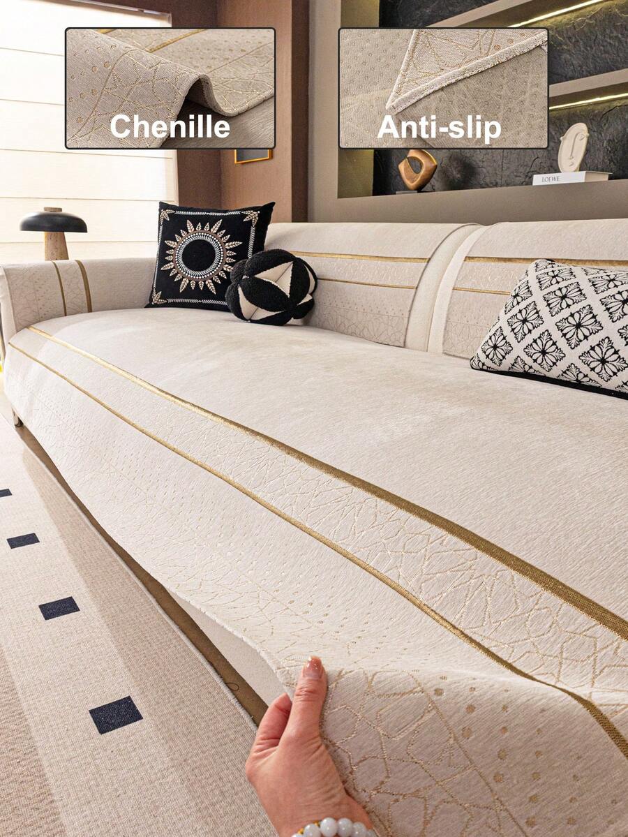 1pc Chenille Gold Line Bohemian Style Sofa Cover, Pet-Friendly Durable Dirt-Resistant, Non-Slip Backing, Machine Washable, Holiday Decor To Protect Sofa, Fits 3-Seater/4-Seater With Armrests, Autumn Decor, Room Decor, Back To School, School Supplies - Beige - View 1