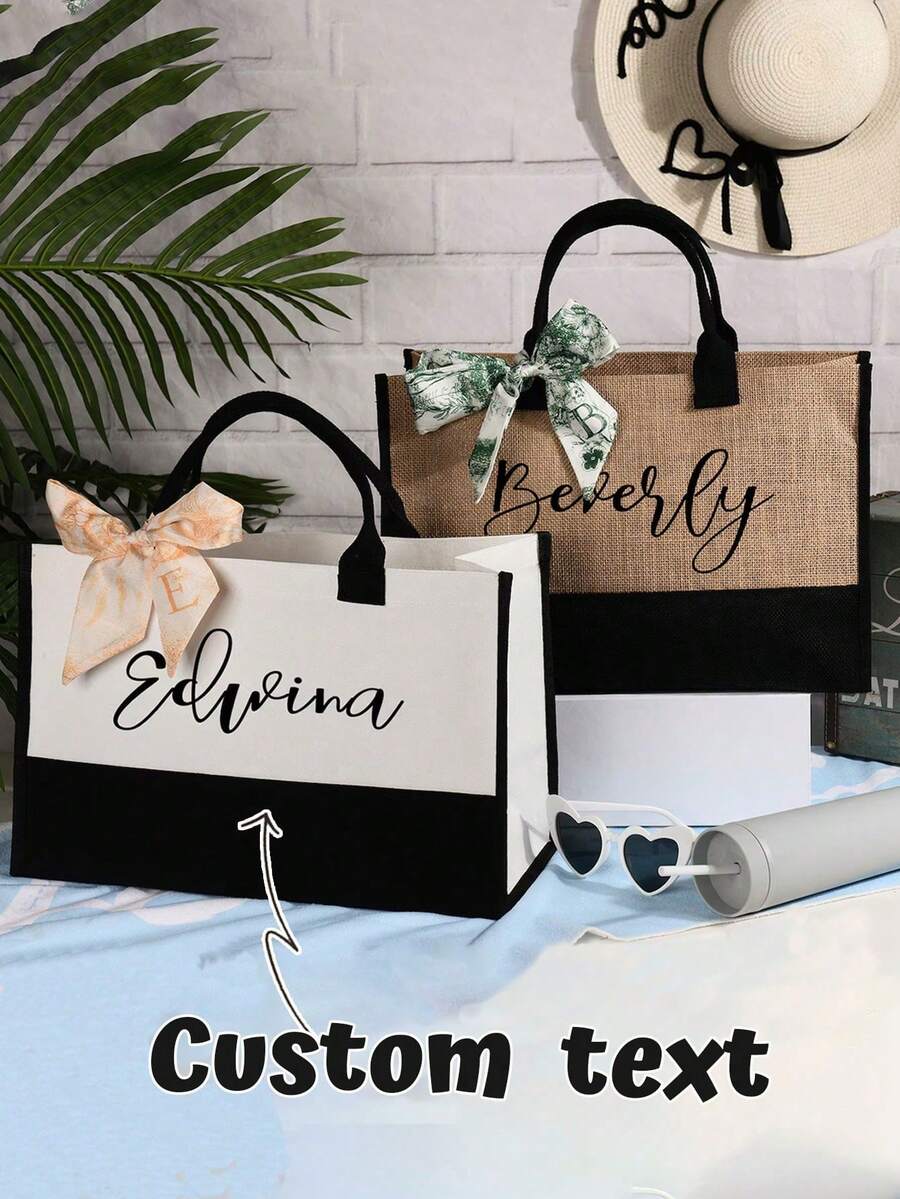 1pc Personalized Beach Tote Bag, Bridesmaid Gift Bag And Monogram Scarf, Custom Linen Bridesmaid Bag, Canvas Tote Bag Gift, Multifunctional Large Capacity, Fashion Cute Minimalist, Work Commute, Couple Gift, Family Friend Birthday Anniversary Gift - Multicolor - View 1