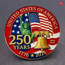 美国建国250周年（1776-2026）纪念徽章 - 爱国主义收藏纪念别针，饰有自由女神像和自由钟 - 彩色 - 查看 4