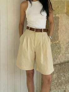夏季女士休闲杏色宽松褶裥口袋短裤 - 杏色 - 查看 7
