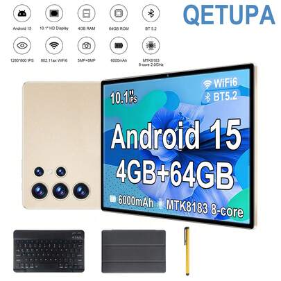 Qetupa 2026 Nueva Tableta PC Android Z50 de 10.1 pulgadas, con funda protectora, teclado y lápiz óptico, CPU MTK8183, procesador Octa-Core a 2.0GHz, 4GB RAM + 64GB ROM (compatible con tarjeta SD de hasta 1TB), pantalla táctil IPS HD de 1280*800, cámara frontal de 5MP + cámara trasera de 8MP, batería de 6000mAh, WiFi de banda dual 802.11ac