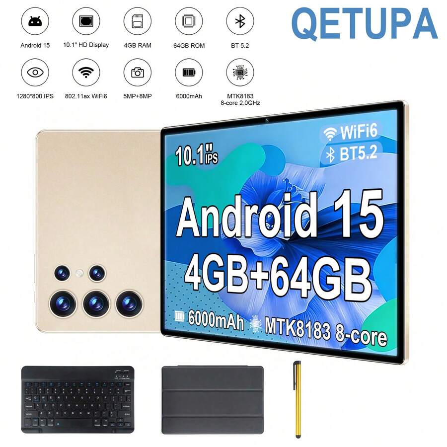 Qetupa 2026新款10.1英寸安卓平板电脑Z50，配备保护套、键盘和手写笔，搭载MTK8183 CPU，八核2.0GHz处理器，4GB RAM + 64GB ROM（支持1TB SD卡扩展），1280*800高清IPS触控屏，500万像素前置摄像头 + 800万像素后置摄像头，6000mAh电池，双频802.11ac WiFi