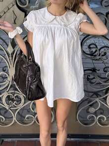 Women Fairy Short Sleeve Shirts Y2k Solid Color Doll Collar Loose Blouses Summer Casual Puffsleeve Tops Preppy Vintage Teen Girl Going Out Aesthetic Streetwear Coquette Clothes - 白色 - 查看 6