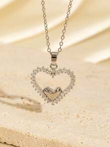 1PC Hollowed Out Double Heart-Shaped Diamond Pendant With Stainless Steel Chain Suitable For Valentine's Day, Couples, Mother's Day Celebration, And Daily Wear. A Great Jewelry Necklace - Heart Necklace - View 8