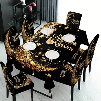 1/4/5/6/7pcs Set, Ramadan Series, Happy Eid Al-Fitr, Matching Gold Glitter Crescent Moon & Star Print Chair Cover/Seat Cover Set, Suitable For Indoor Home, Restaurant, Hotel, Ideal For Modern Daily Decor. Tablecloth Fits Square Dining Table, Elastic Chair Cover Is Washable.