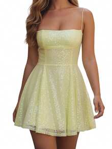 Women Sleeveless Spaghetti Strap Dress Shiny Sequin Mini A Line Dress For Cocktail Party Streetwear - Màu vàng - Xem 5
