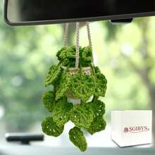 Crochet Hanging Plant For Car,Car Decorations Interior,Plant Aesthetic Car Accessories For Women Interior Cute,Car Ornaments Charms For Rear View Mirror,Boho Car Decoration Gifts - 薄荷綠葉草莓 - 查看 11
