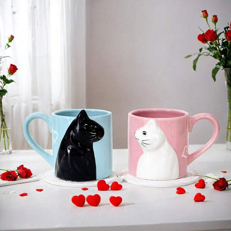 Cute Cat Couple Ceramic Mug, High-Quality Gift For Valentine's Day, Birthday, Coffee Cup - Multicolor - View 1