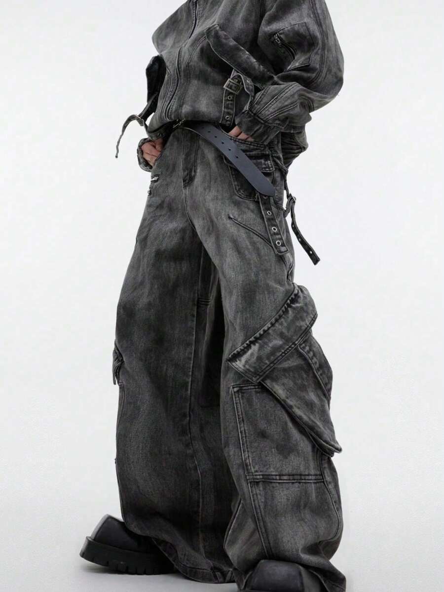 Conjunto de mezclilla para hombre chaqueta con cremallera y pantalones cargo de estilo retro vintage con bolsillos grandes efecto desgastado  urbana casual - Pantalones gris oscuro - Ver 1