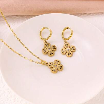 Fashionable Luxury Rhinestone Vajra Cross Pendant Necklace & Earrings Set, Retro New Chinese Style Four-Leaf Clover