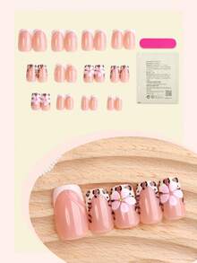 法式豹纹亚克力美甲24片装花朵短方形按压式美甲，DIY艺术金珠配件装饰假指甲套装3D，适用于美甲沙龙、女孩和女士日常美甲用品、节日派对和礼物 - 彩色 - 查看 2
