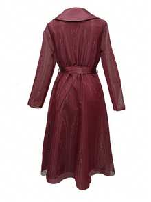 女士优雅雪纺拼接系腰灯笼袖中长连衣裙，酒红色，适合派对和休闲穿着，春夏款 - 酒紅色 - 查看 2