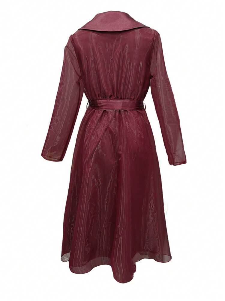 Vestido midi de mujer elegante de gasa con parches, cintura con lazo y mangas farol, color burdeos, adecuado para fiestas y uso casual, primavera/verano - Burdeos - Añade 2