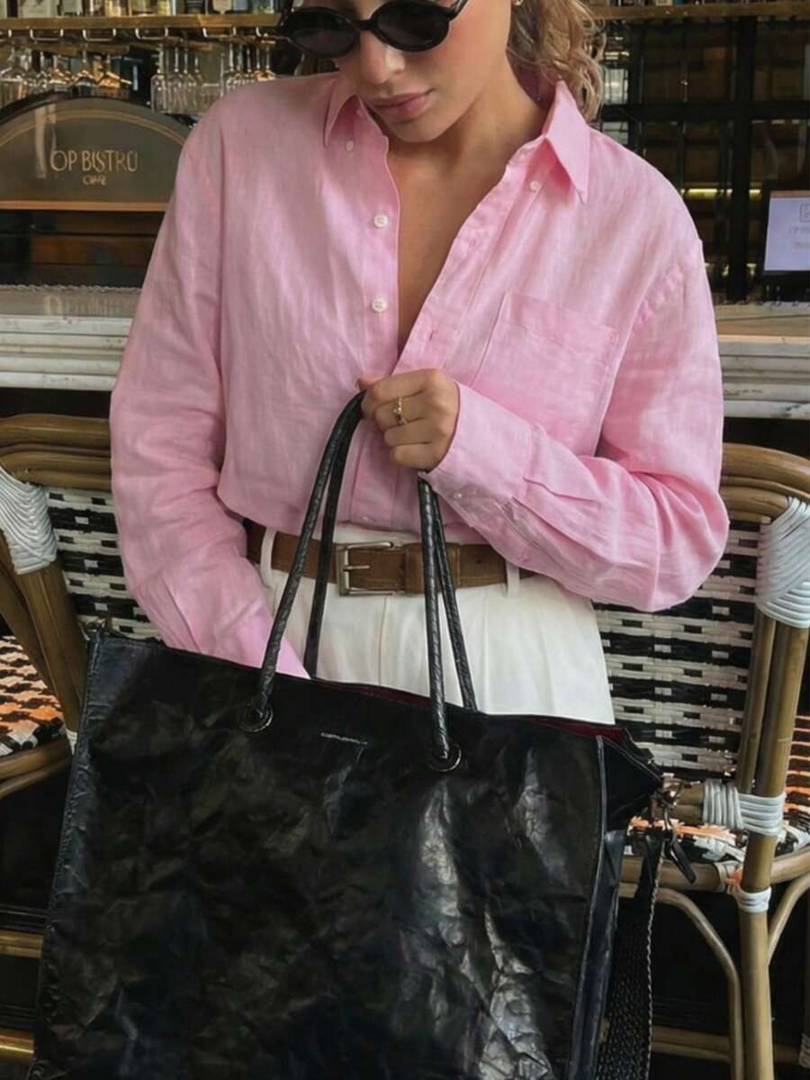 1pc Women's Casual Loose Solid Color Shirt, Long Sleeve Lapel Leisure Fashion, Solid Color Button-Up Shirt Item, Suitable For Vacation, Daily, Office, Airport Wear, All Seasons - Pink - View 1
