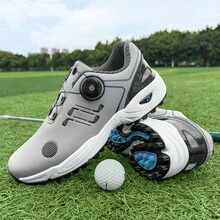 1 Pair Unisex Golf Shoes, Rotary Buckle Design, Versatile For Lawn Sports, Outdoor Casual Sports Shoes With Multi-Functional Grass Traction, All-Season Rubber Sole, EVA Sole And Microfiber Synthetic Upper, Suitable For Golf, Hiking, Training - White With Blue Decor, Golf Shoes, Hiking Shoes, Fashionable Sports Design, Durable Sports Wear - Grey - View 8