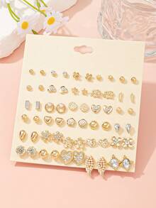 Set de 30 piezas de aretes de moda minimalista, con diseños de cristal, perla artificial, copo de nieve brillante de metal, corazón, gota de agua y estrella, adecuado para uso diario casual de mujeres, regalo para fiestas - Amarillo Oro - Ver 7
