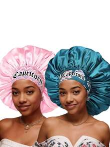 2 piezas Gorro de dormir de satén, Gorro de dormir de satén con estampado personalizado de 12 signos del zodíaco de ala ancha y elástico, Gorro de pelo de satén (estampado aleatorio) - Multicolor 2 piezas SM12+15/1 - Ver 27
