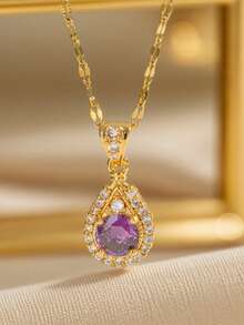 Fashionable Purple Flower Water Drop Stainless Steel Necklace For Women, With A Unique And Light Luxury Design Sense And Elegant Collarbone Chain
