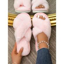 Women's Cross-Band Furry Slippers, Soft And Cozy House Slippers, Warm And Comfortable Open Toe Plush Indoor/Outdoor Shoes Breathable Pink Slippers - Baby Pink - View 6
