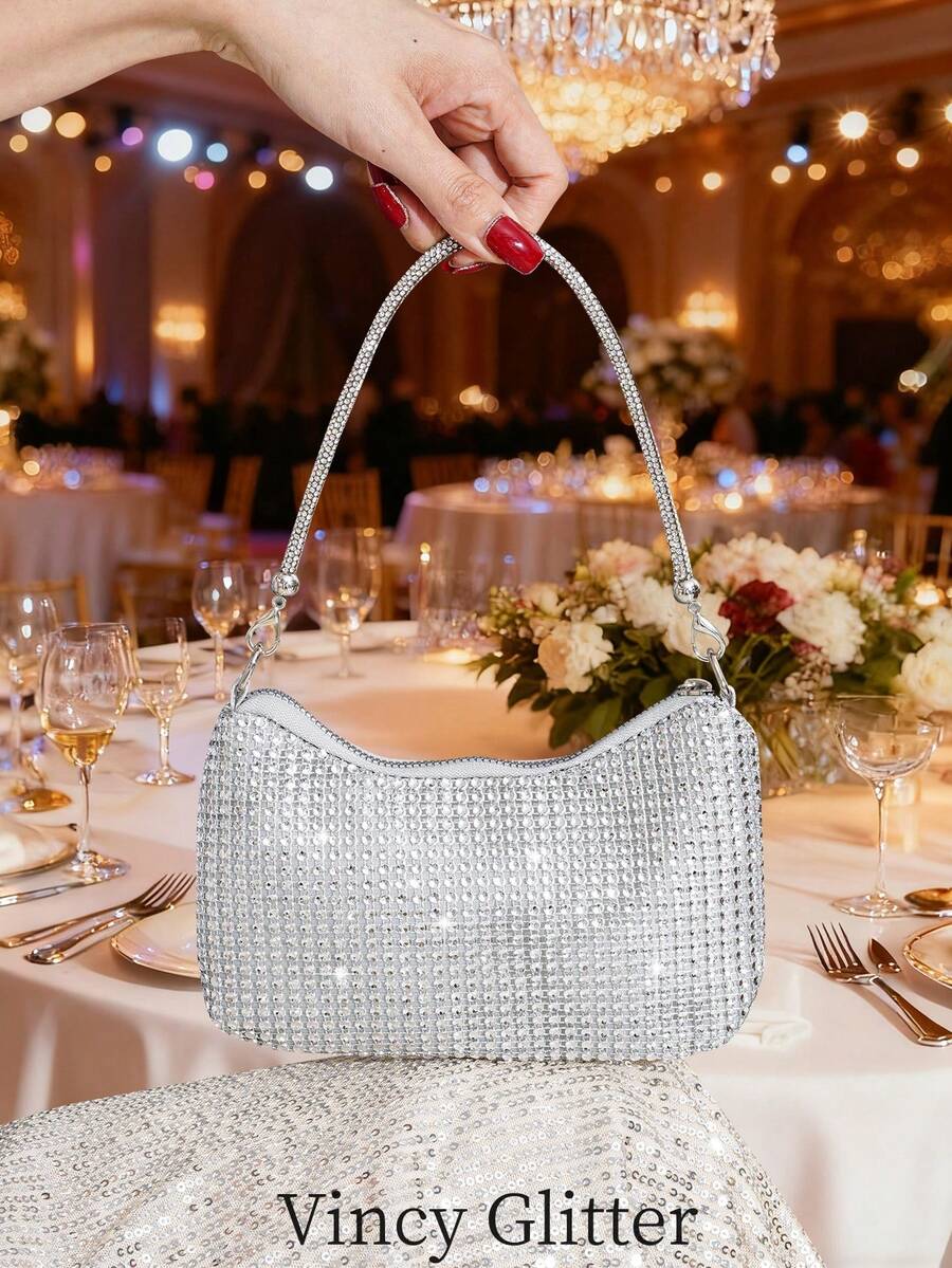 Bolso de mano con decoración de strass, bolso elegante para asistir a bailes, fiestas y eventos - Plateado - Ver 1
