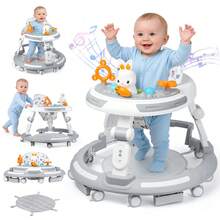 Safety-Enhanced 4-In-1 Grow-With-Me Baby Walker & Play Center - Adjustable 8 Heights, Anti-Tip Base, 8 Silent Brake Wheels + Foldable Frame (Learning, Snack Seat, ) - Rabbit Pattern - View 1