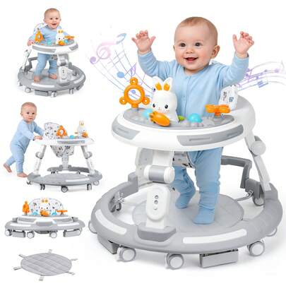 Safety-Enhanced 4-In-1 Grow-With-Me Baby Walker & Play Center - Adjustable 8 Heights, Anti-Tip Base, 8 Silent Brake Wheels + Foldable Frame (Learning, Snack Seat, )