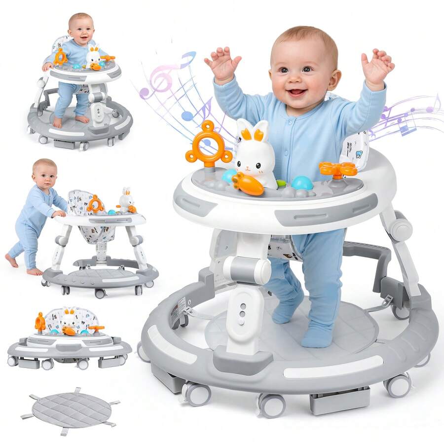 Safety-Enhanced 4-In-1 Grow-With-Me Baby Walker & Play Center - Adjustable 8 Heights, Anti-Tip Base, 8 Silent Brake Wheels + Foldable Frame (Learning, Snack Seat, ) - Rabbit Pattern - View 1