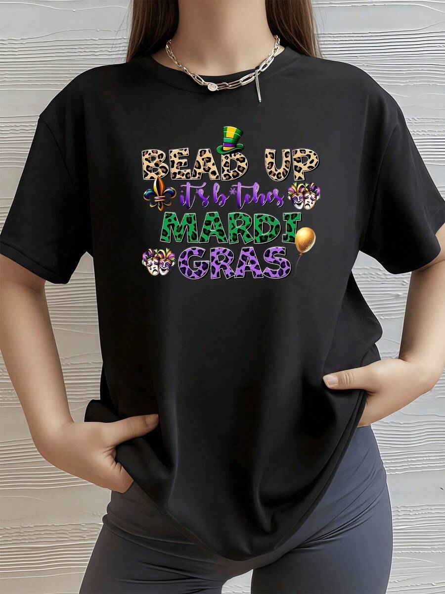 Texto festivo con sombrero verde máscaras de carnaval globos y letras coloridas que evocan la alegría del Mardi Gras camiseta de mujer 100% algodón 220g - Negro - Ver 1