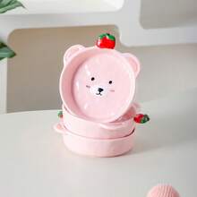 卡通苹果熊边宠物碗，陶瓷猫碗狗碗，猫粮碗，防溢宠物水碗 - 200ML蘋果小熊碗[粉] - 查看 3