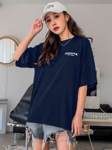 Women's Oversized Printed T-Shirt - Cheerful Paradise Phrase - Loose, Casual, Stylish, Modern, And Cool Blouse - 藏蓝色 - 查看 6