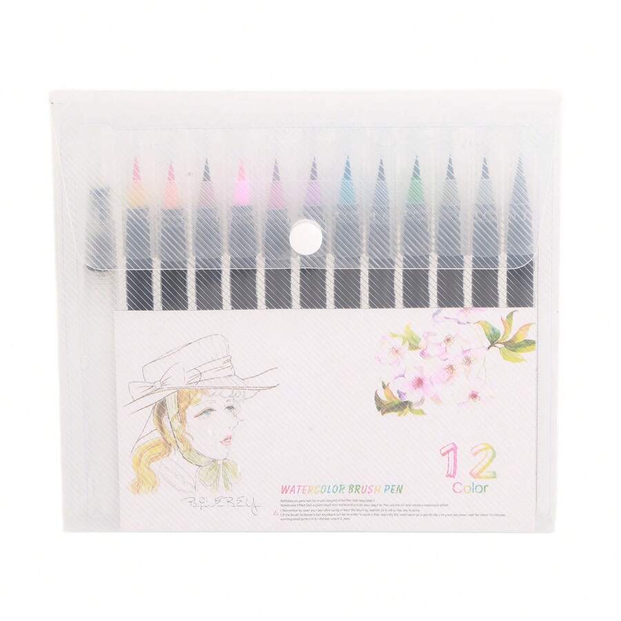12 Pcs Watercolor Pen Set 12 Colors Soft Head Easy To Color Heat Resistant Water Paint Brush Pens - Multicolor - Ver 1