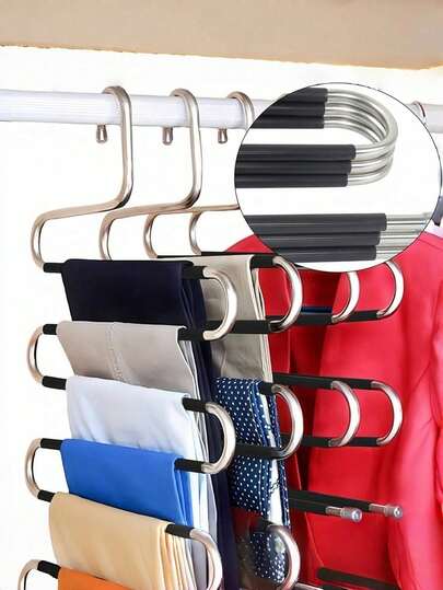 5pcs/4pcs/3pcs/2pcs/1pc Stainless Steel S-Shaped Hangers, Non-Slip Space-Saving, Suitable For Pants, Jeans, Scarves, Multi-Functional Clothes Rack, Wardrobe Storage Organizer, Holiday Decor, Room Decor, Home Decor, Autumn Decor, Bedroom Decor, Spring Decor, Minimalist Style, Top Decor