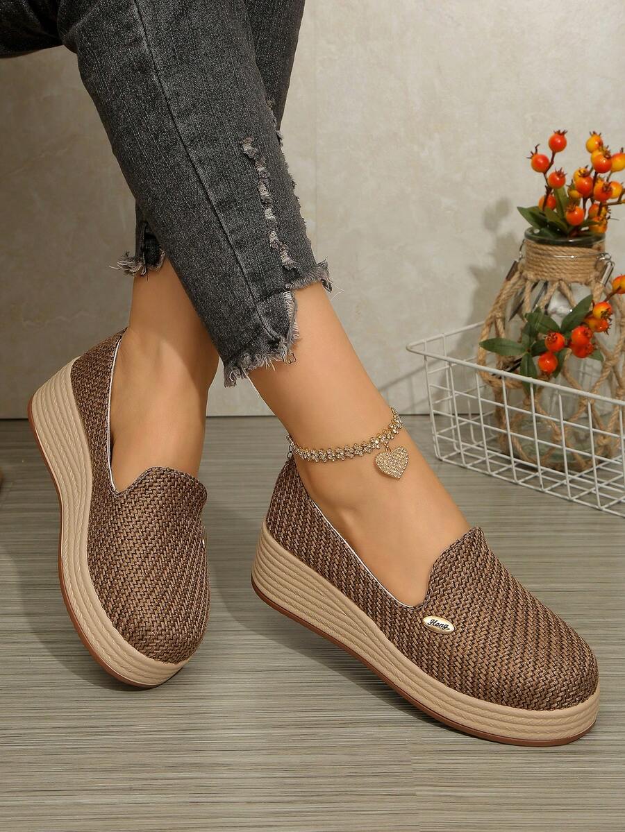 女士时尚运动鞋 - 休闲仿亚麻绳编织鞋，适合度假和日常穿着 - 棕色 - 查看 1