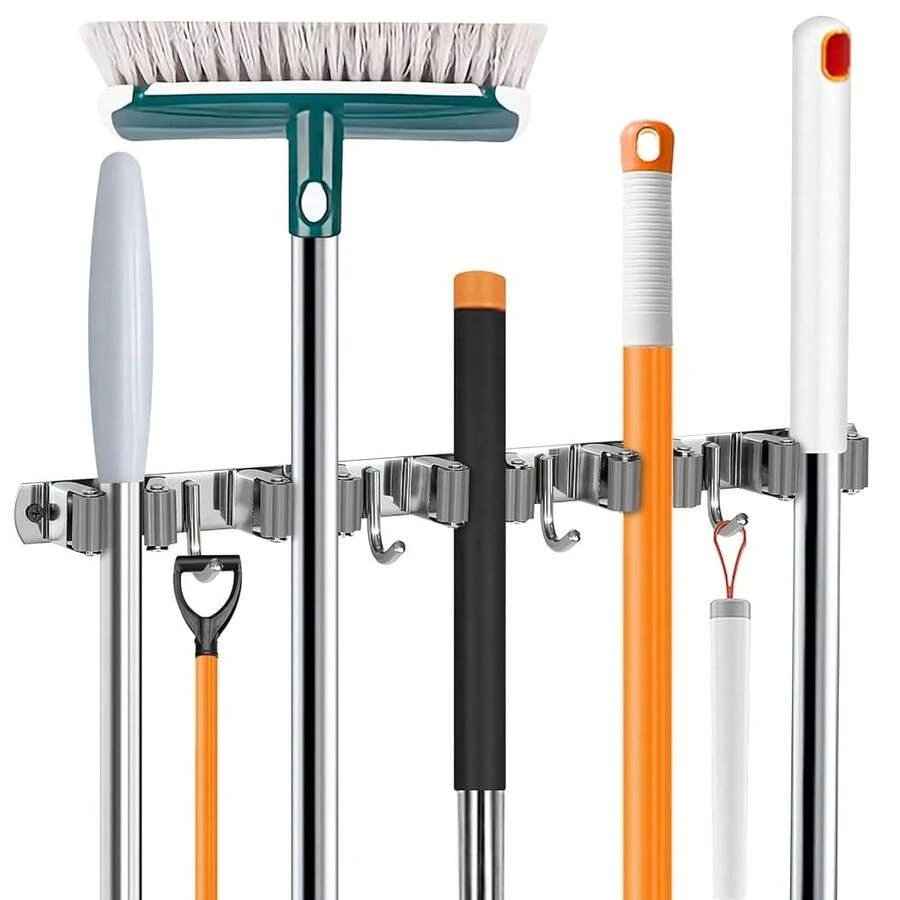 Broom Holder Wall Mount, Broom Organizer Wall Mount Stainless Steel Broom And Mop Hanger Heavy Duty Storage Organization For Home Kitchen Garden Garage Room 5 Racks 4 Hooks(Grey Rack) - 11 - 查看 1