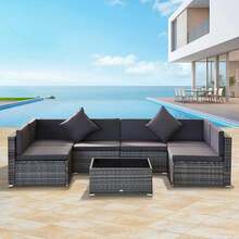 Outsunny 7-Piece Patio Furniture Set, Outdoor Wicker Conversation Set, All Weather PE Rattan Sectional Sofa Set With Cushions And Tempered Glass Top Coffee Table, Pillows, Gray - 灰色 - 查看 1