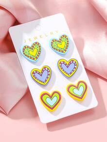 3 Pairs/Set Women's Valentine's Day Romantic Heart Print Acrylic Stud Earrings, Sweet & Cute