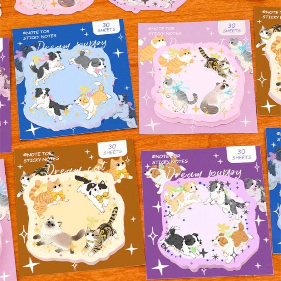 可爱猫狗动物图案便签纸，高品质可重复使用粘性备忘录，学生、办公及学校用品的精美文具，礼品 - 彩色 - 查看 1