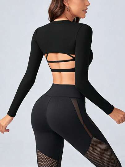 Women's Cropped Workout Jacket, Elastic & Skin-Friendly, Round Neck, Pair With Sports Bra, Long Sleeve Fitted Short Tee, Professional Training Wear