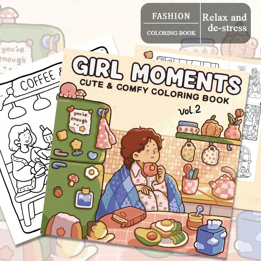 40 Pages - 210g, Healing Girl's Comfortable Coloring Book, Soft Skin Paper Coloring Album, Sweet Healing Style, Girl's Home Leisure Scene Patterns, Green And Pink Color Scheme, Stress Relief Coloring, Suitable For Stationery, School Supplies, Perfect Gift For Girls, Wedding Season, Mother's Day - DRAW EASY - View 1