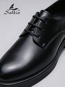 Salkin Giày Derby nam da thật buộc dây mũi tròn sang trọng cổ điển, giày tây lịch lãm cho công sở, đi làm, văn phòng, mặc thường ngày, đi học, sinh viên, màu đen, mềm mại, thoải mái, đế cao su chống trượt. - màu đen - Xem 4