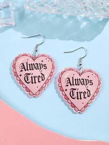 1 Pair Fashionable, Exquisite, Creative, Unique Sparkling "Always Tired" Letter, Pink Lace, Pearl Heart Acrylic Drop Earrings For Women, Suitable For Daily, Party, Commute, Holiday - Multicolor - View 3