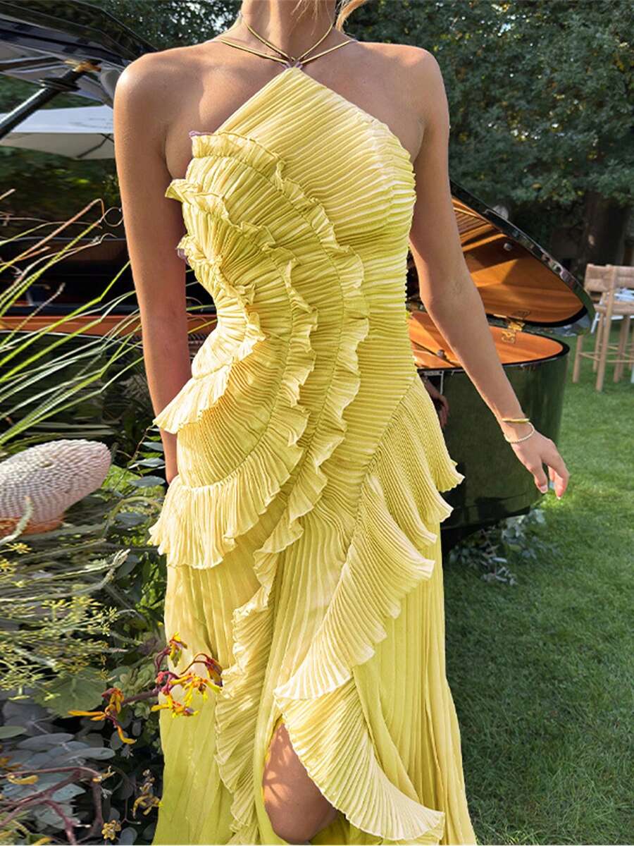 Women Ruffle Hem Pleated Sheer Mesh Long Maxi Dress Sleeveless Halter Neck Irregular Tiered Flowy Long Maxi Dresses For Wedding Guest Summer Holiday Beachwear - Màu vàng - Xem 1